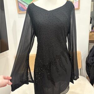 Black Beaded Long-Sleeve mini dress